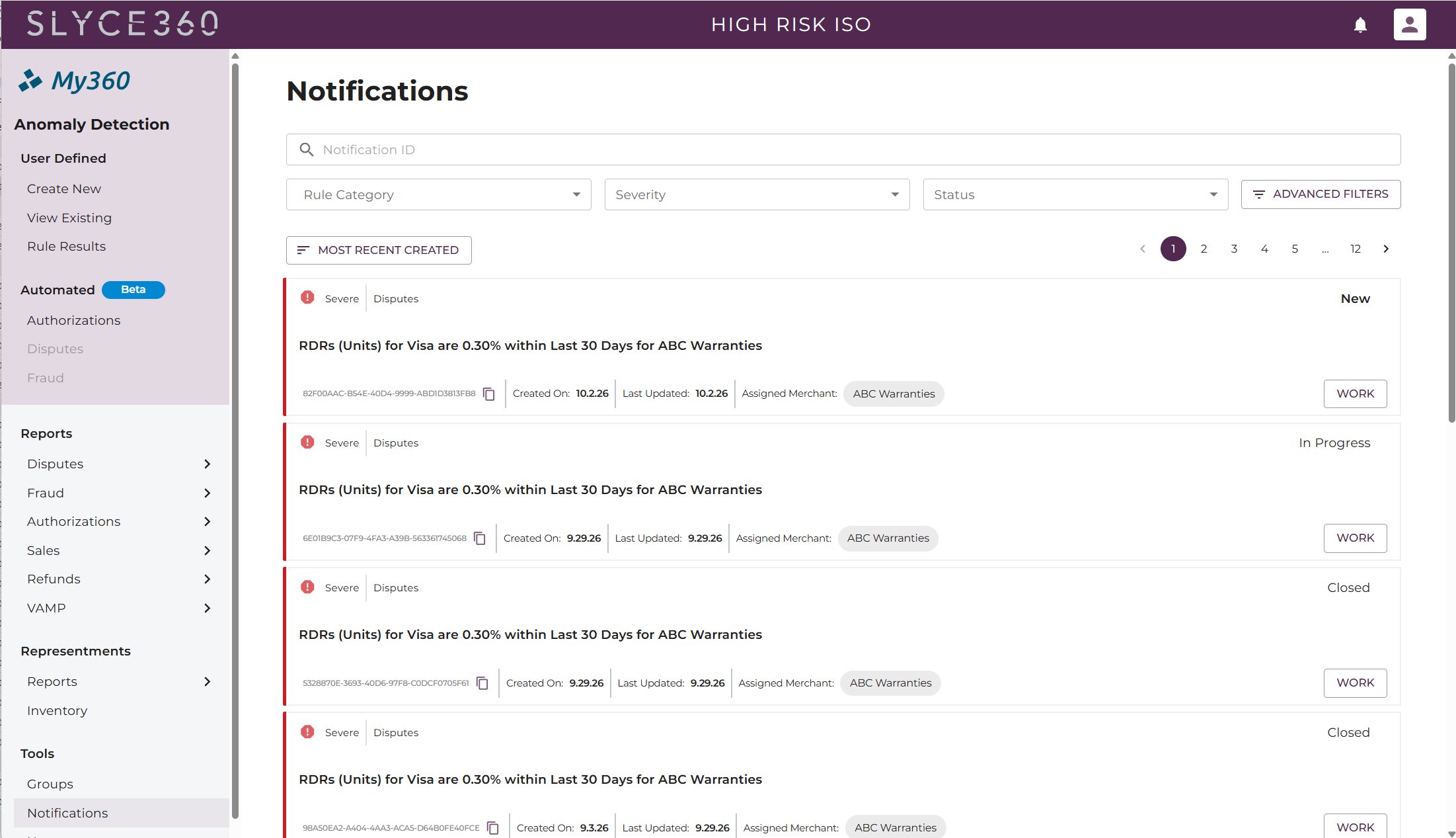My360 Notifications list: severe RDR dispute alerts for ABC Warranties with New, In Progress and Closed statuses and a Work button for each