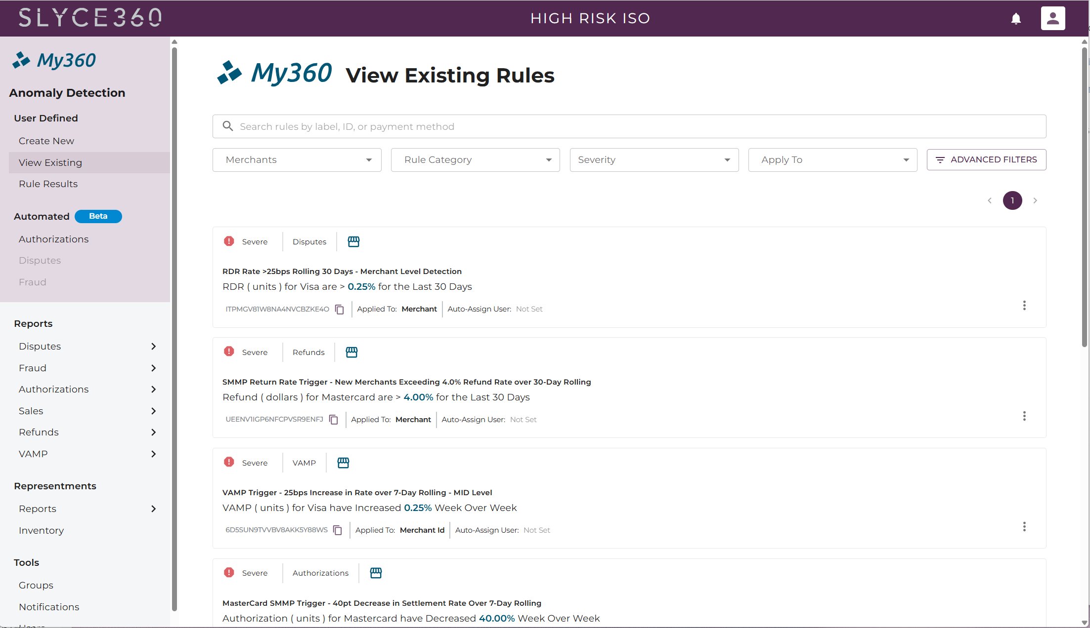 My360 View Existing Rules screen listing severe RDR, SMMP, VAMP and authorization rules with their thresholds