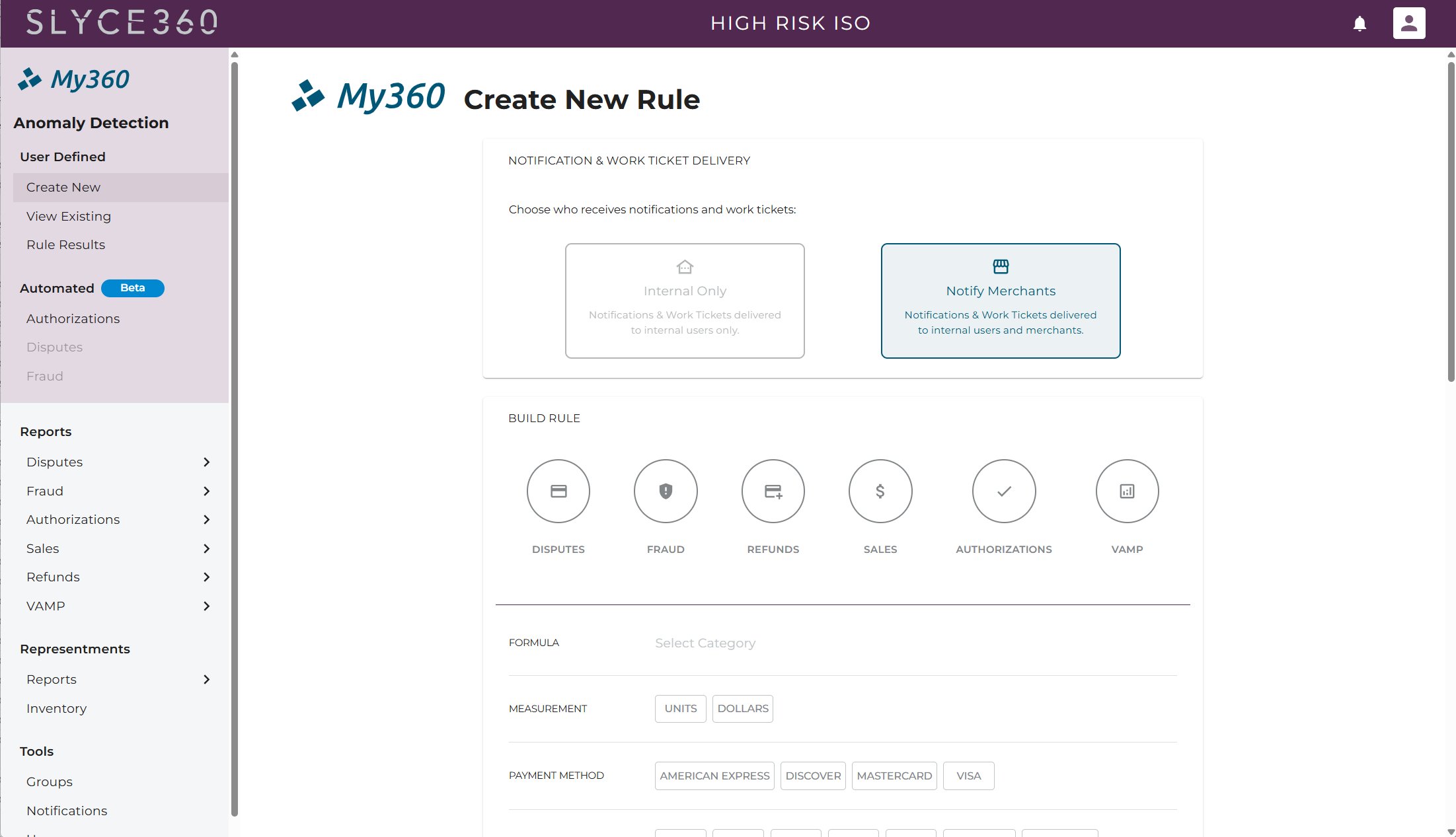 My360 Create New Rule screen: choose internal-only or merchant notifications, then build a rule by category, measurement and payment method