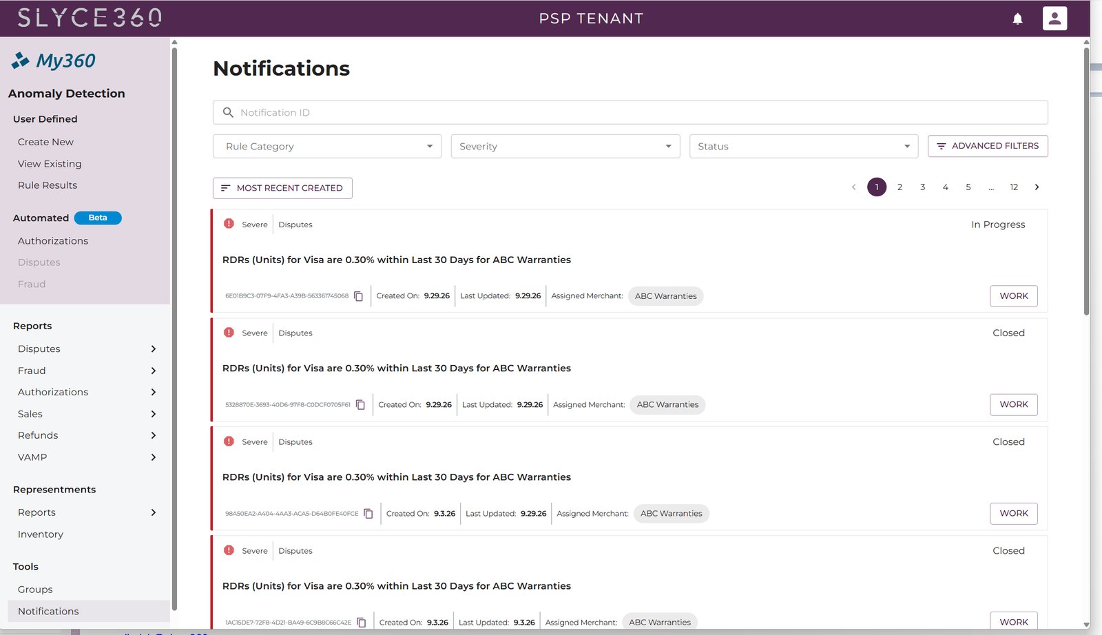 My360 Notifications screen listing dispute alerts with status and Work buttons