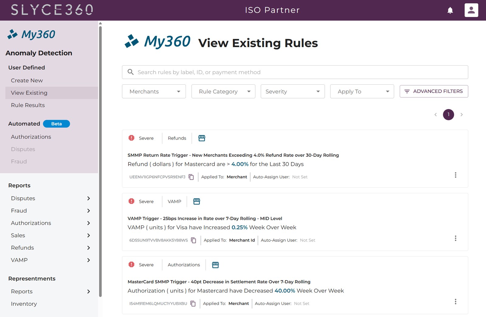 My360 View Existing Rules screen showing severe SMMP, VAMP and authorization triggers